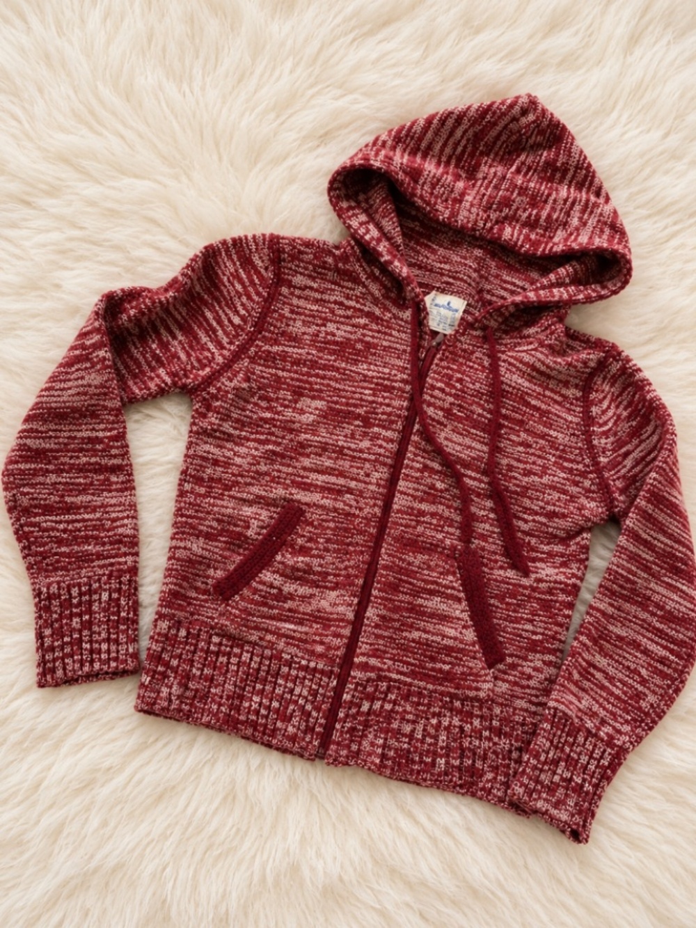 Vintage Lerner Shops 70s Red Cream Marled Knit Zip Hoodie Sweater